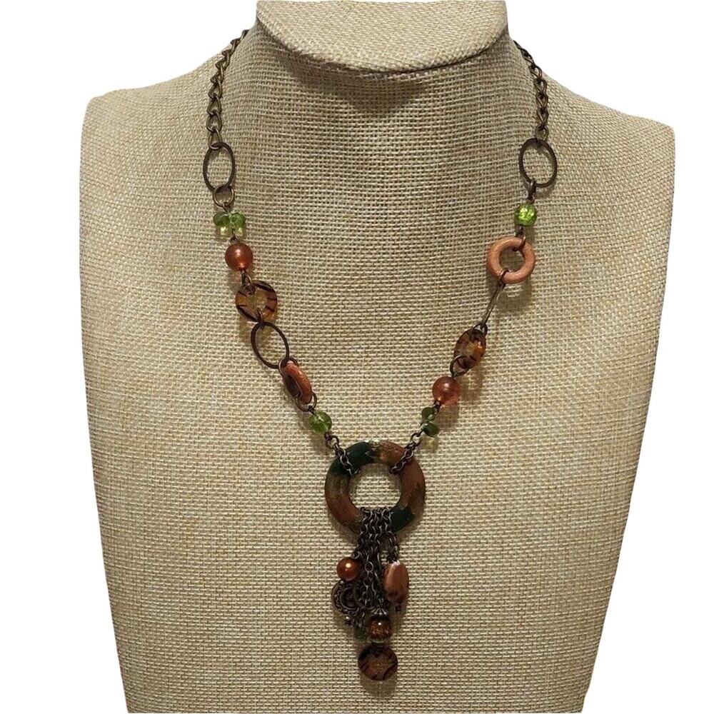 Treka Handmade Earth Tone Wood Glass Bead Tassel Statement Necklace Brown Green